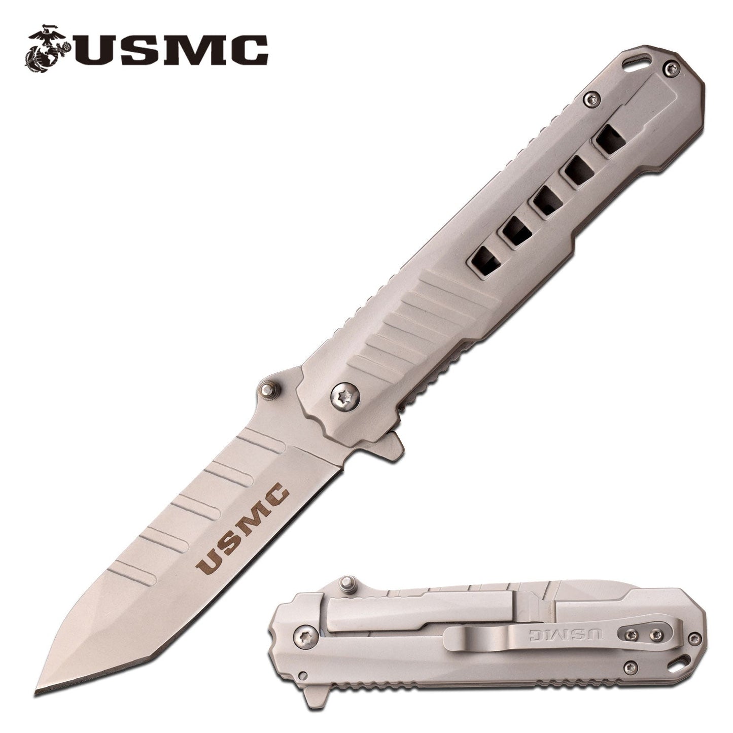 8.5" USMC Heavy Duty Tanto Spring Assisted Silver Military Pocket Knife Tophatter's Spring Assisted Knives 8.5" USMC Heavy Duty Tanto Spring Assisted Silver Military Pocket Knife (M-A1061B) - Tophatter Daily Deals