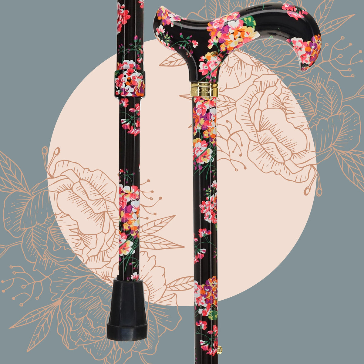 Midnight Floral Designer Cane: Luxury Silk Scarf Option Adjustable Walking Canes - Tophatter Daily Deals