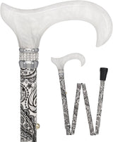 White Pearl w/ Rhinestone collar and black Swirl Designer Adjustable Orthopedic Folding Cane Folding Canes - Tophatter Daily Deals