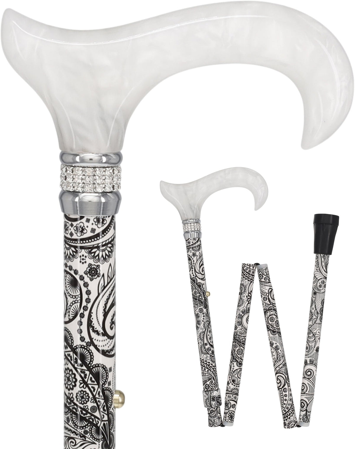 White Pearl w/ Rhinestone collar and black Swirl Designer Adjustable Orthopedic Folding Cane Folding Canes - Tophatter Daily Deals