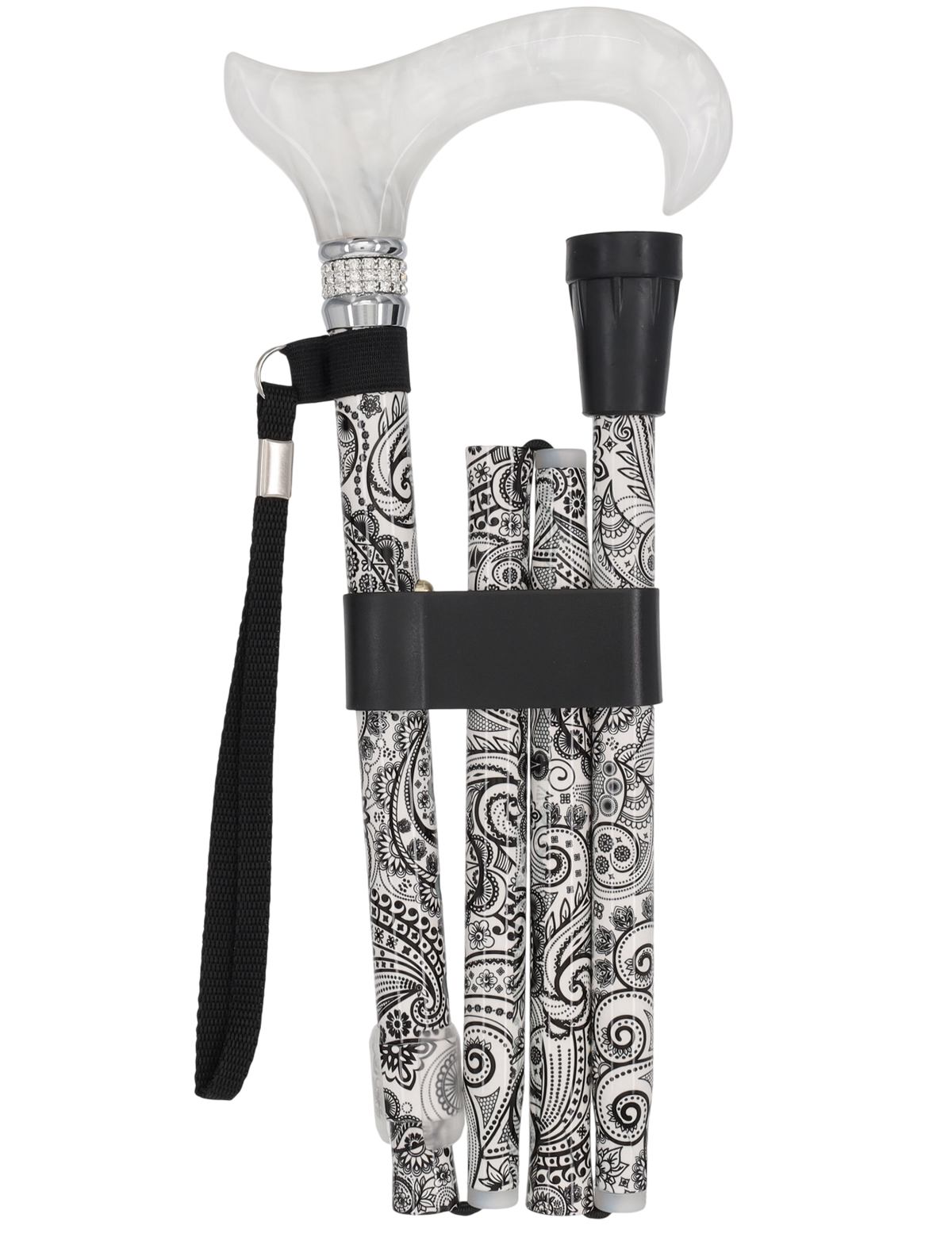 White Pearl w/ Rhinestone collar and black Swirl Designer Adjustable Orthopedic Folding Cane Folding Canes - Tophatter Daily Deals