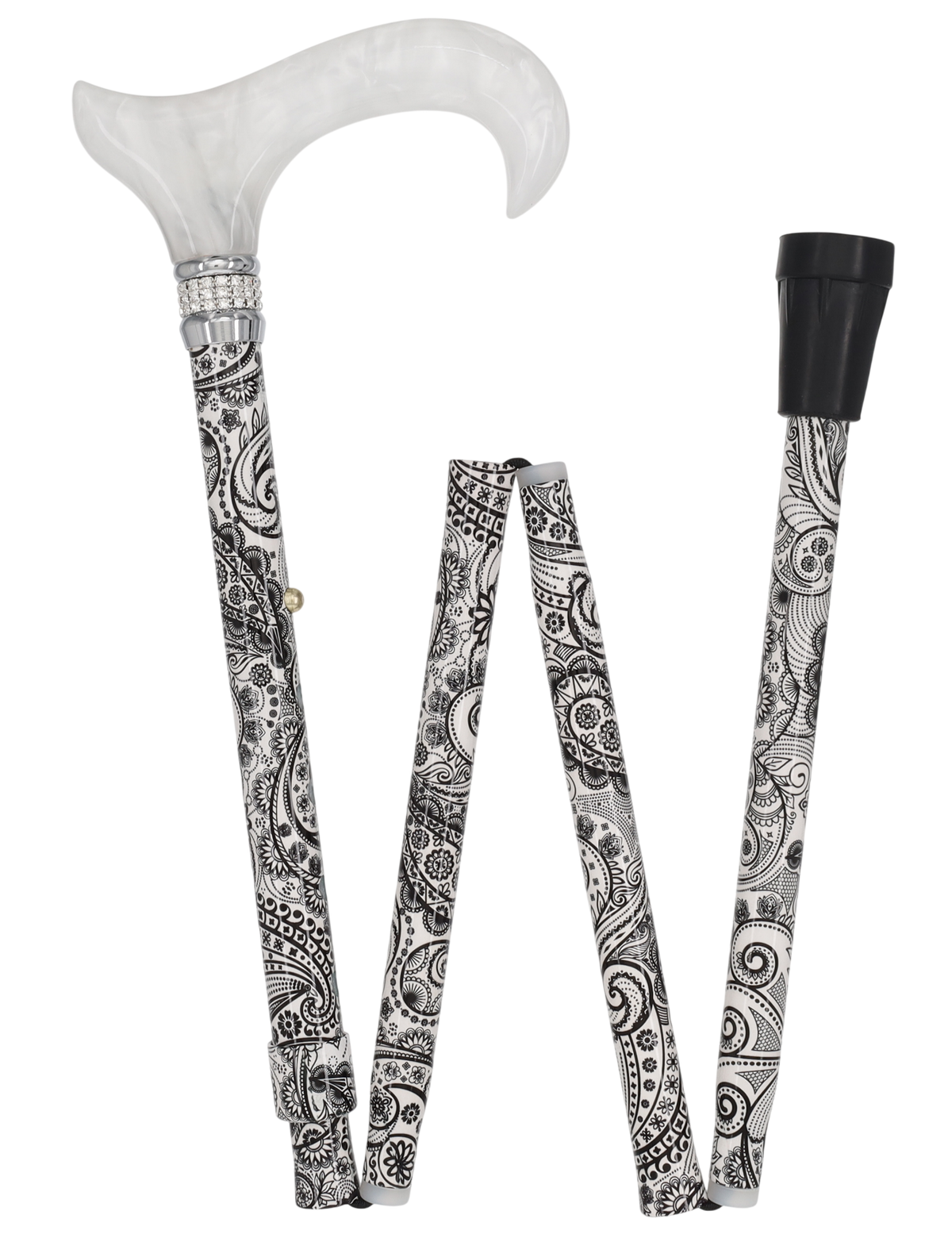White Pearl w/ Rhinestone collar and black Swirl Designer Adjustable Orthopedic Folding Cane Folding Canes - Tophatter Daily Deals