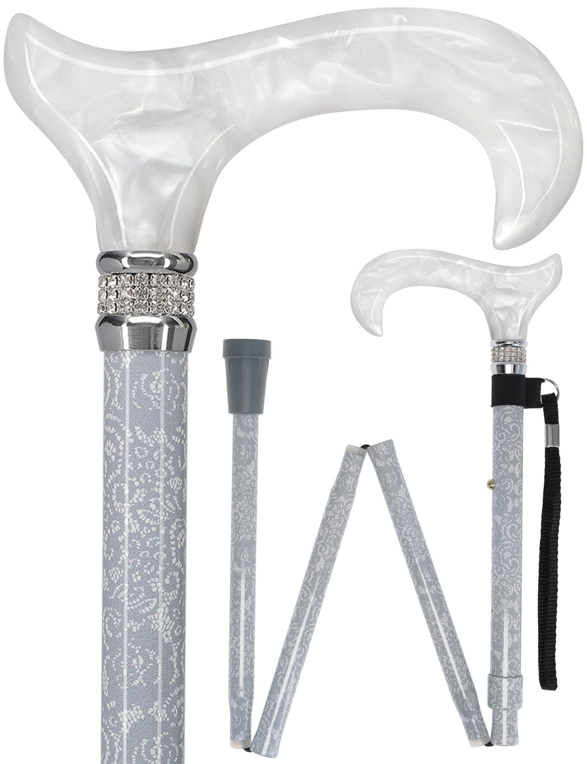 Graceful Lace Pearlz Folding Designer Adjustable Cane w/ Rhinestone collar Folding Canes - Tophatter Daily Deals