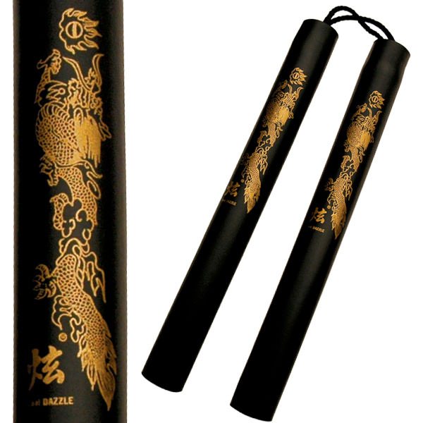12 Inch Black Foam Padded Nunchaku with Dragon Graphic - Rope Version - TOPHATTER'S ARMORY DEALS Collectible Weapons - Tophatter Daily Deals