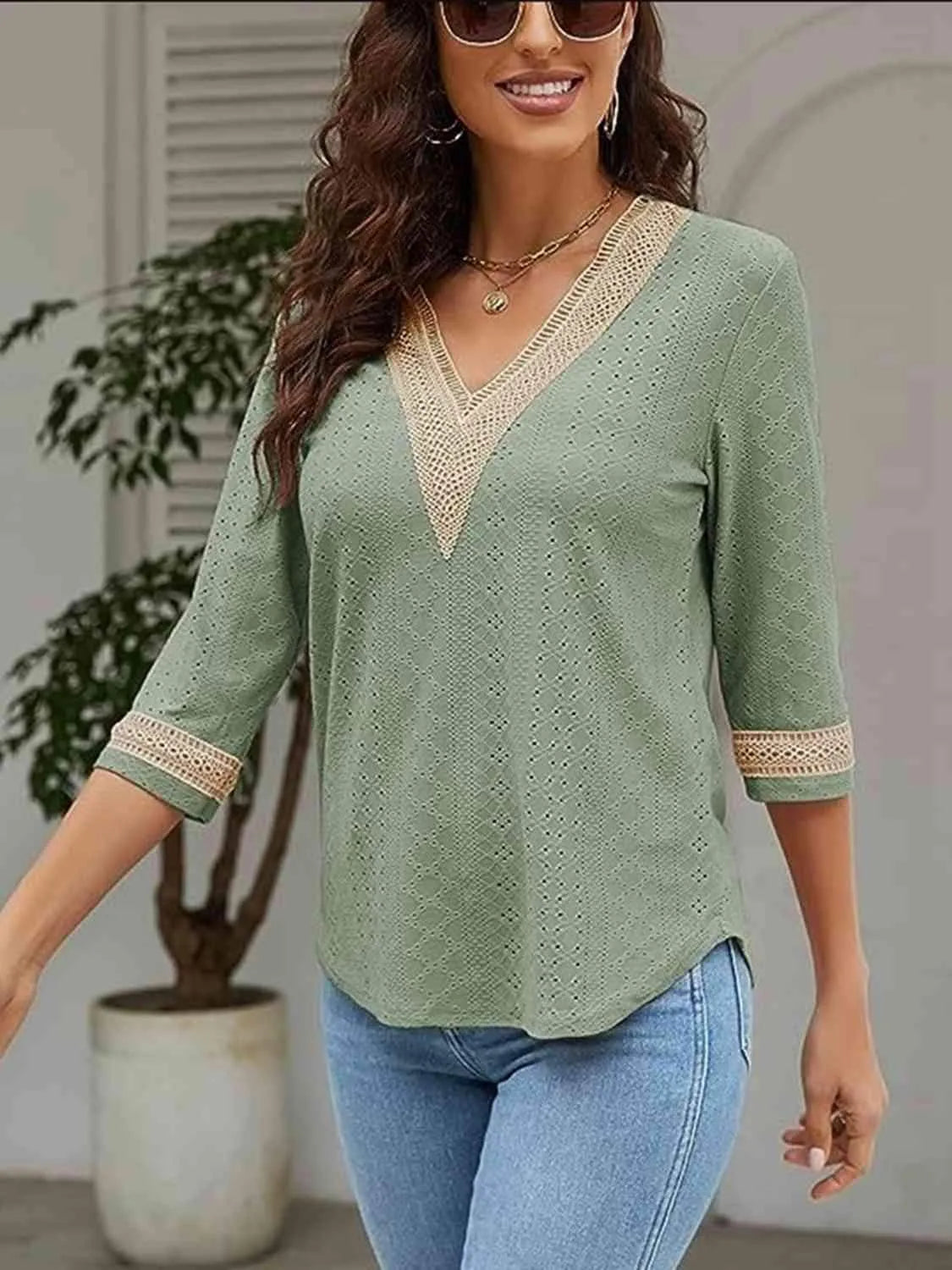 V-Neck Eyelet Blouse Gum Leaf Blouses - Tophatter Daily Deals