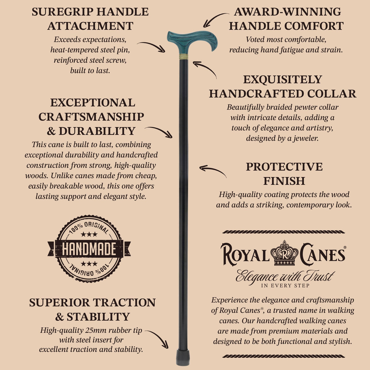 Royal Canes Classic Derby Walking Cane, Wood-Stained, Pewter Collar, Multiple Colors Derby Classic Walking Canes - Tophatter Daily Deals