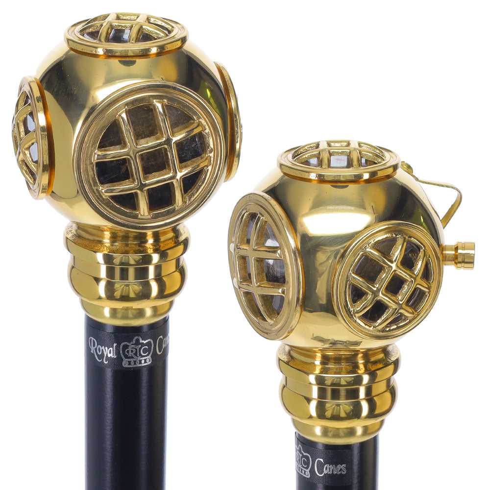 Navy Divers Helmet Replica Handle Walking Stick - Premium Brass Military Walking Canes - Tophatter Daily Deals