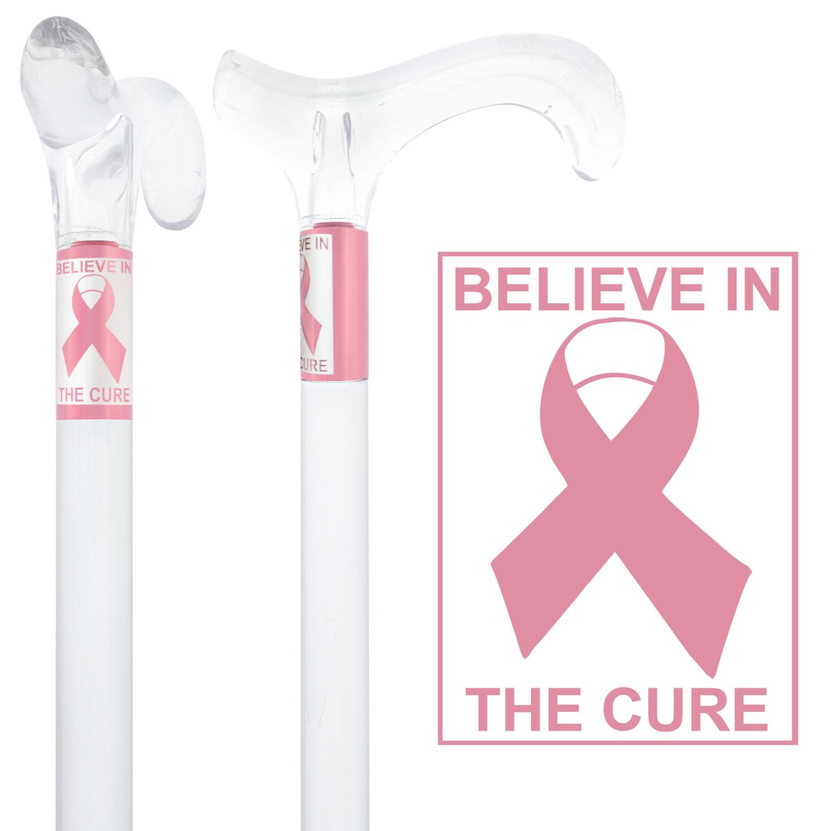 Believe in the Cure - Engraved Clear Lucite Derby Handle Walking Cane with Lucite Shaft Clear Lucite Walking Canes - Tophatter Daily Deals