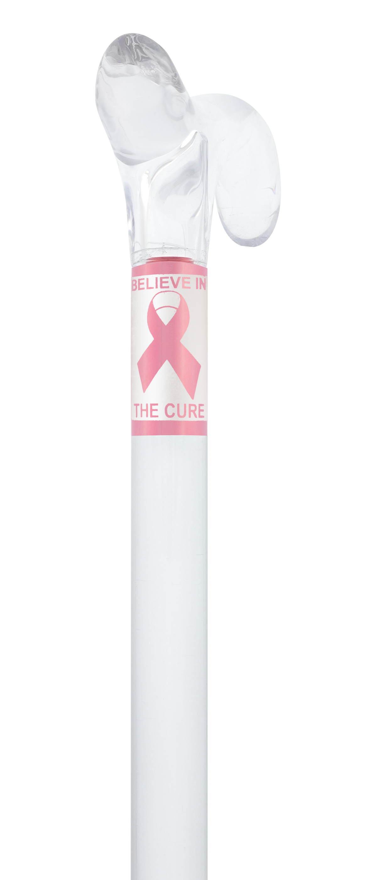 Believe in the Cure - Engraved Clear Lucite Derby Handle Walking Cane with Lucite Shaft Clear Lucite Walking Canes - Tophatter Daily Deals