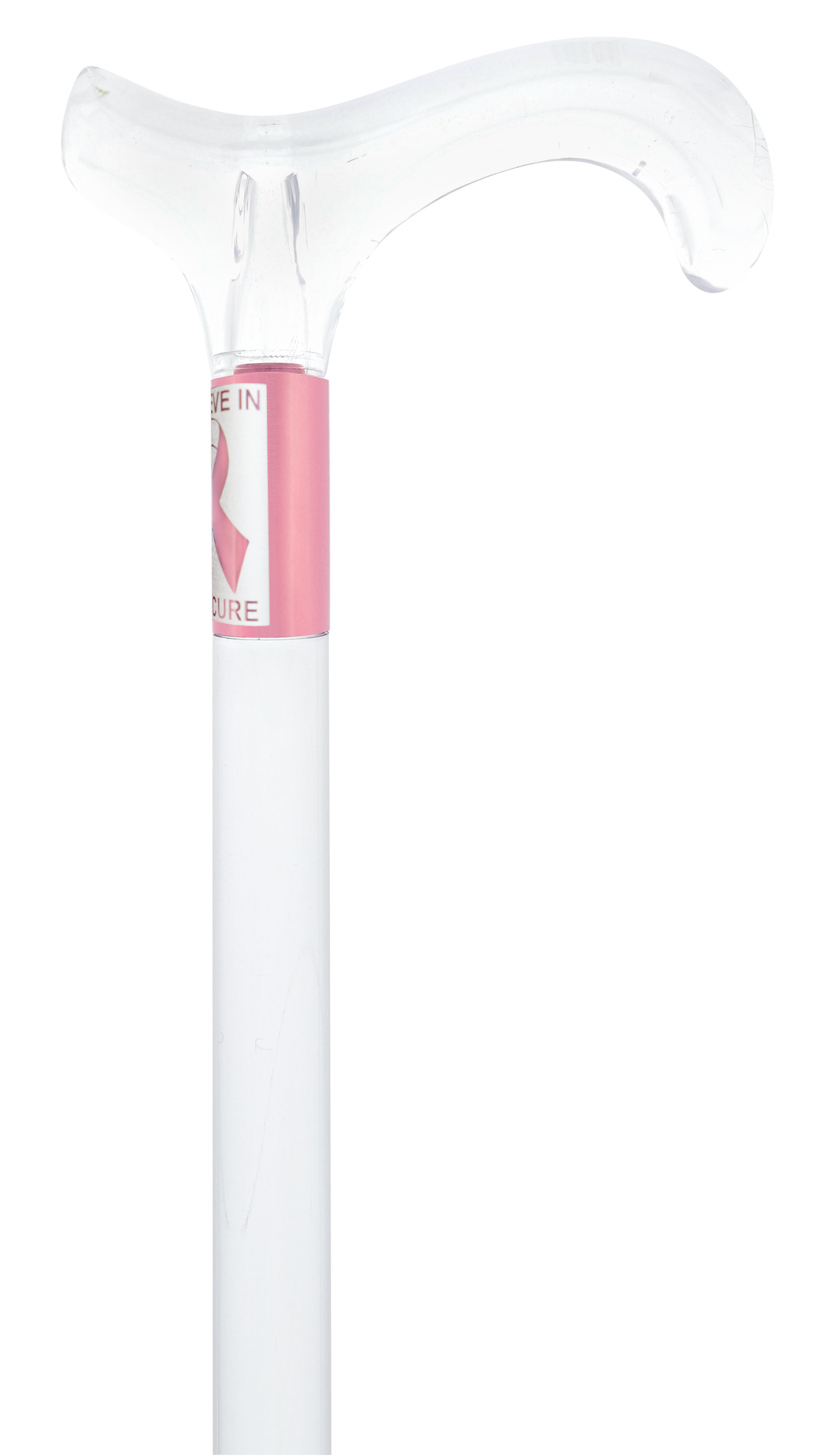 Believe in the Cure - Engraved Clear Lucite Derby Handle Walking Cane with Lucite Shaft Clear Lucite Walking Canes - Tophatter Daily Deals