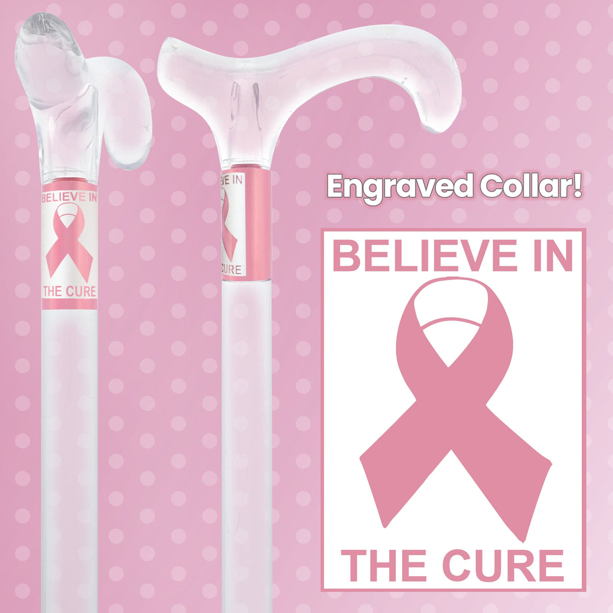 Believe in the Cure - Engraved Clear Lucite Derby Handle Walking Cane with Lucite Shaft Clear Lucite Walking Canes - Tophatter Daily Deals