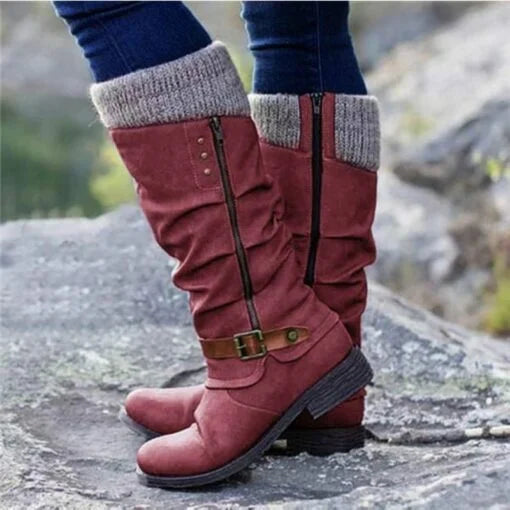 Warm Cozy Women Knee-High Boots - Buckle Knit Cuff, Suede Red - Tophatter Daily Deals