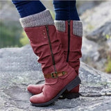 Warm Cozy Women Knee-High Boots - Buckle Knit Cuff, Suede Red - Tophatter Daily Deals