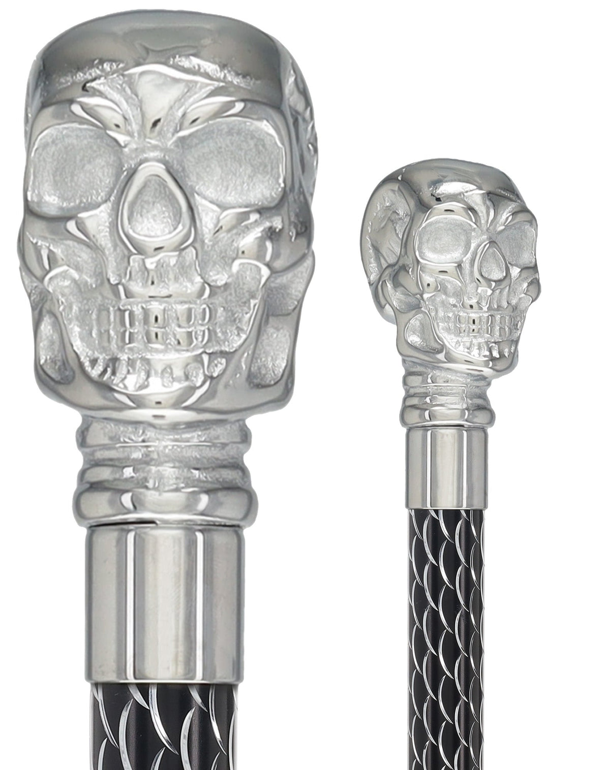 Skull Premium Chrome Brass Cane: Laser-Etched Custom Shaft Black Etched Adjustable Shaft +$4.50 Skull Walking Canes Dragon Walking Canes - Tophatter Daily Deals