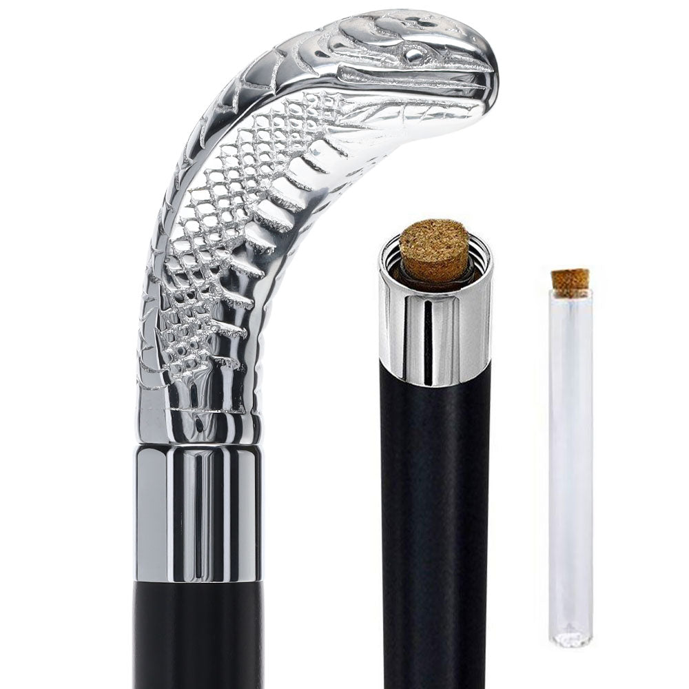 Snake Premium Chrome Brass Flask Cane: Wood Shaft Hidden Flask Flask Canes - Tophatter Daily Deals