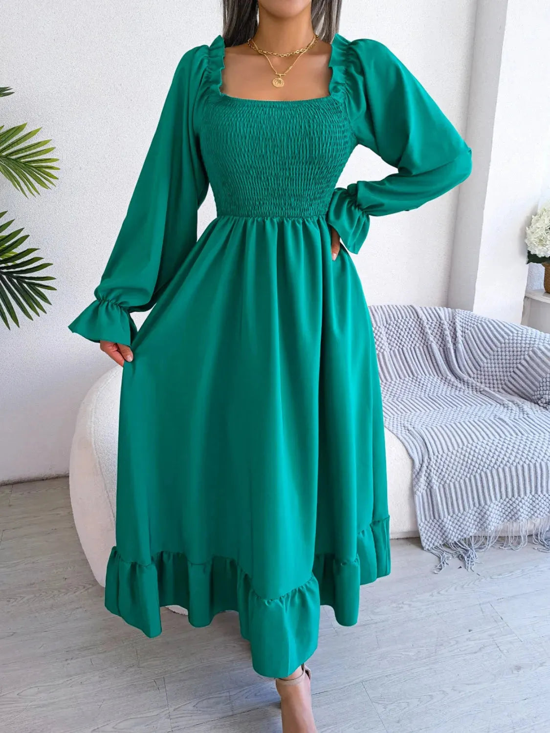Smocked Square Neck Flounce Sleeve Dress Teal Casual Dresses - Tophatter Daily Deals