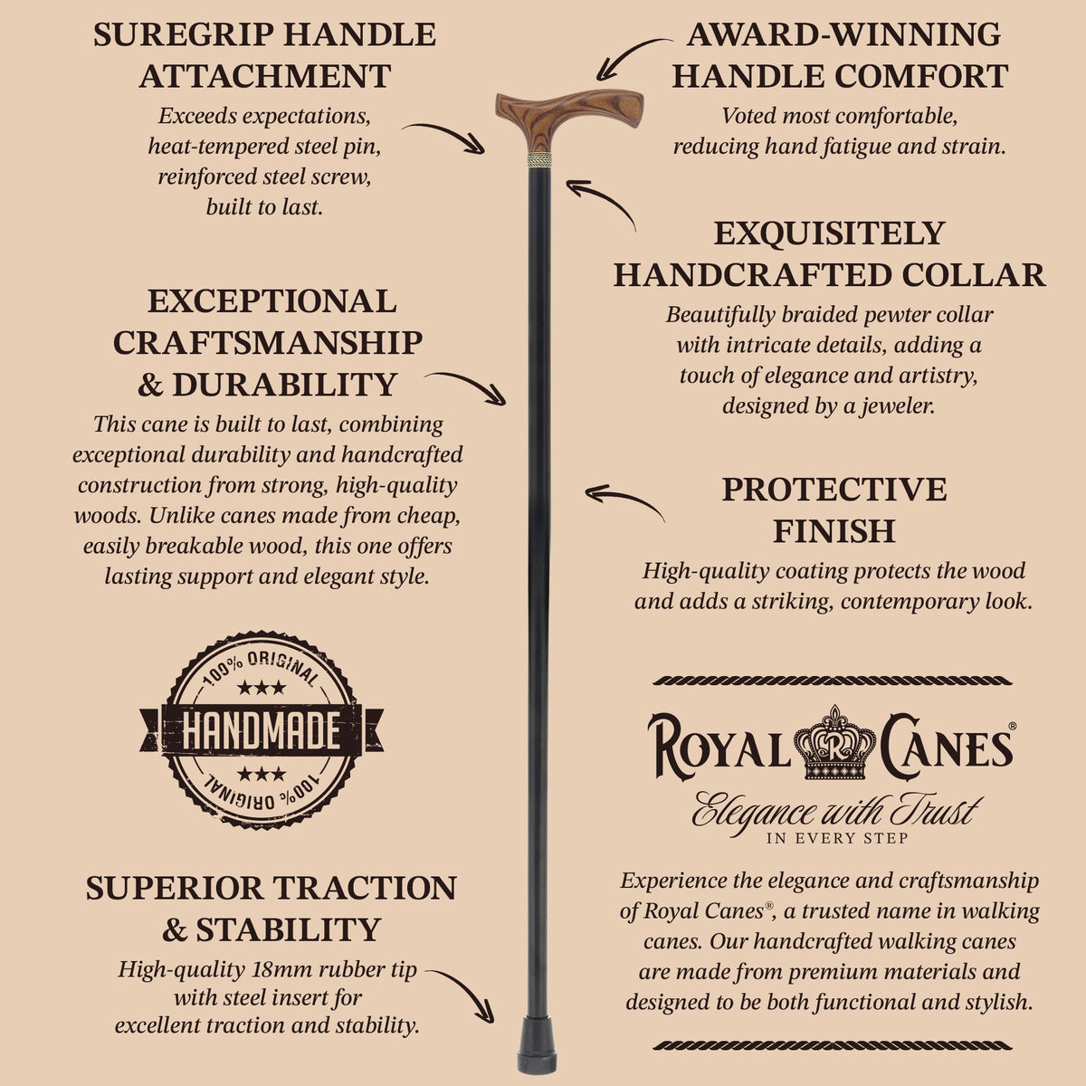 Premium Natural Ash Wood Fritz Cane, Espresso w/ Silver Collar Fritz Handle Walking Canes - Tophatter Daily Deals