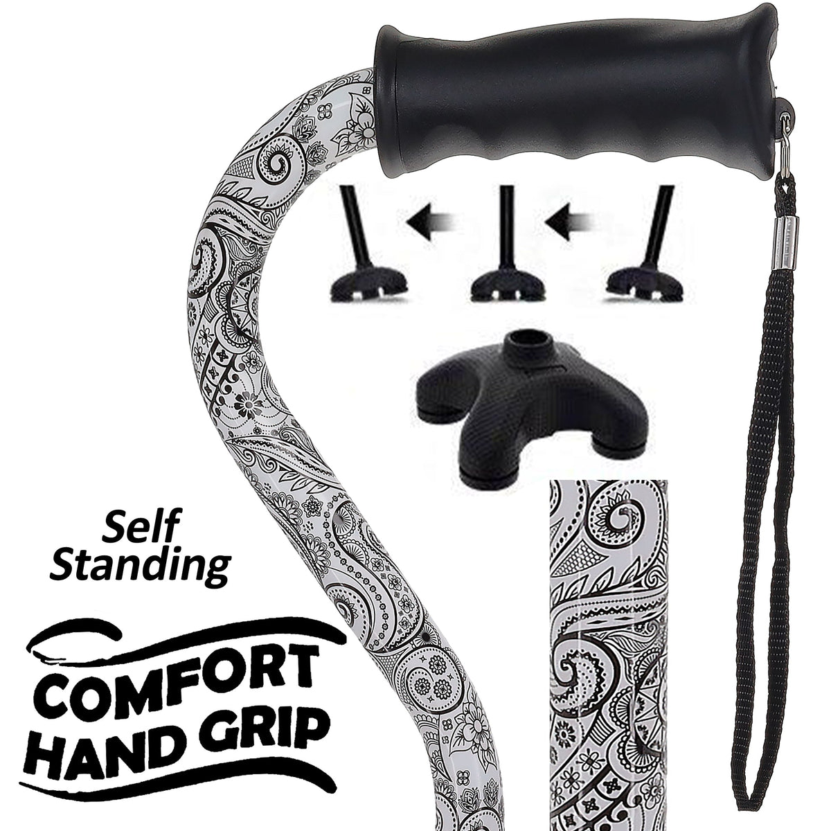 Black & White Offset Cane - Comfort Grip, Adjustable w/ SafeTbase Safetbase Canes - Tophatter Daily Deals