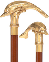 Premium Brass Dolphin Handle Walking Cane: Custom Shaft & Collar Brown Beechwood Fish Walking Canes - Tophatter Daily Deals
