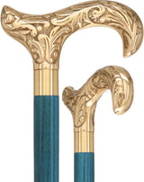 Premium Brass Derby Handle Cane: Stained Custom Color Shaft Blue Brass Walking Canes - Tophatter Daily Deals
