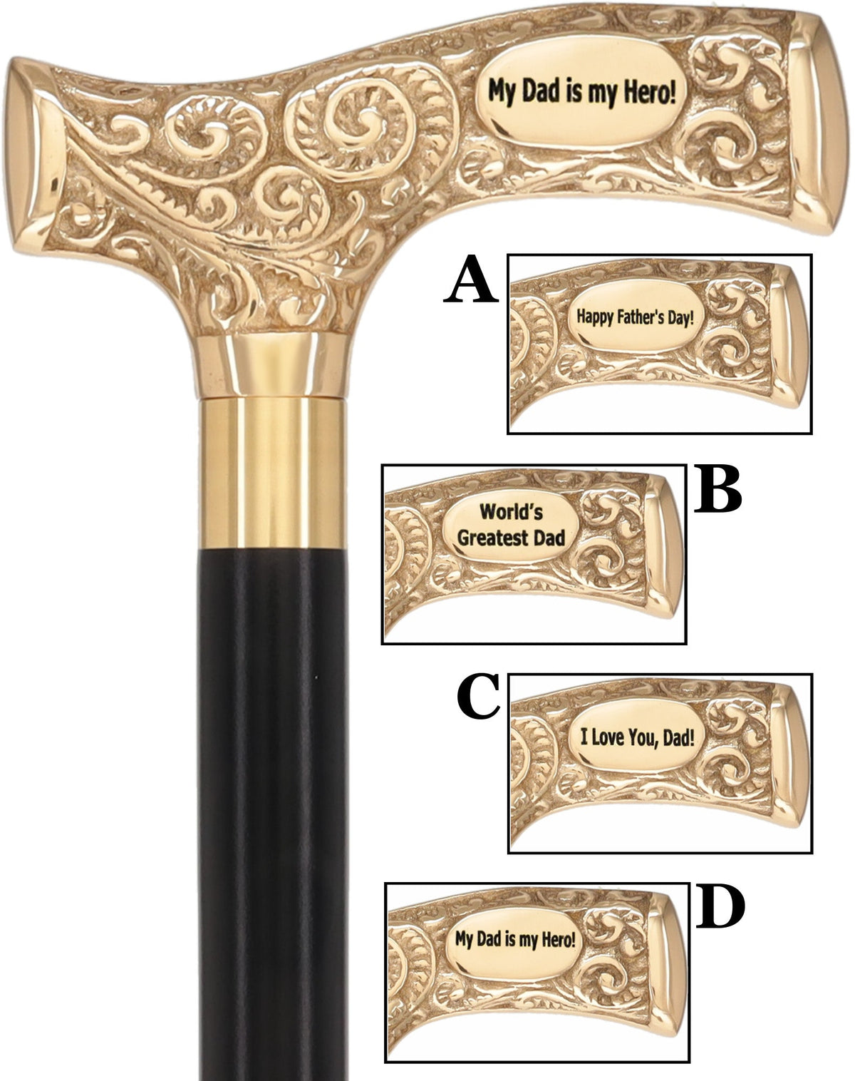 Father's Day Engraved Premium Brass Fritz Handle Walking Cane Black Beechwood Walking Cane Engraving - Tophatter Daily Deals