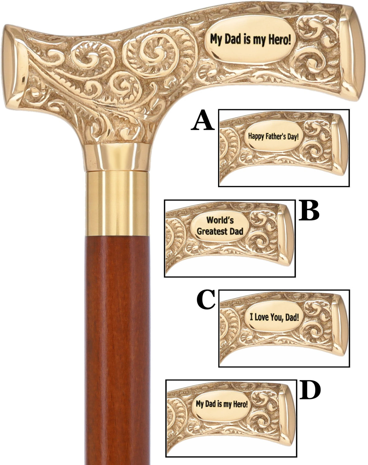 Father's Day Engraved Premium Brass Fritz Handle Walking Cane Brown Beechwood Walking Cane Engraving - Tophatter Daily Deals