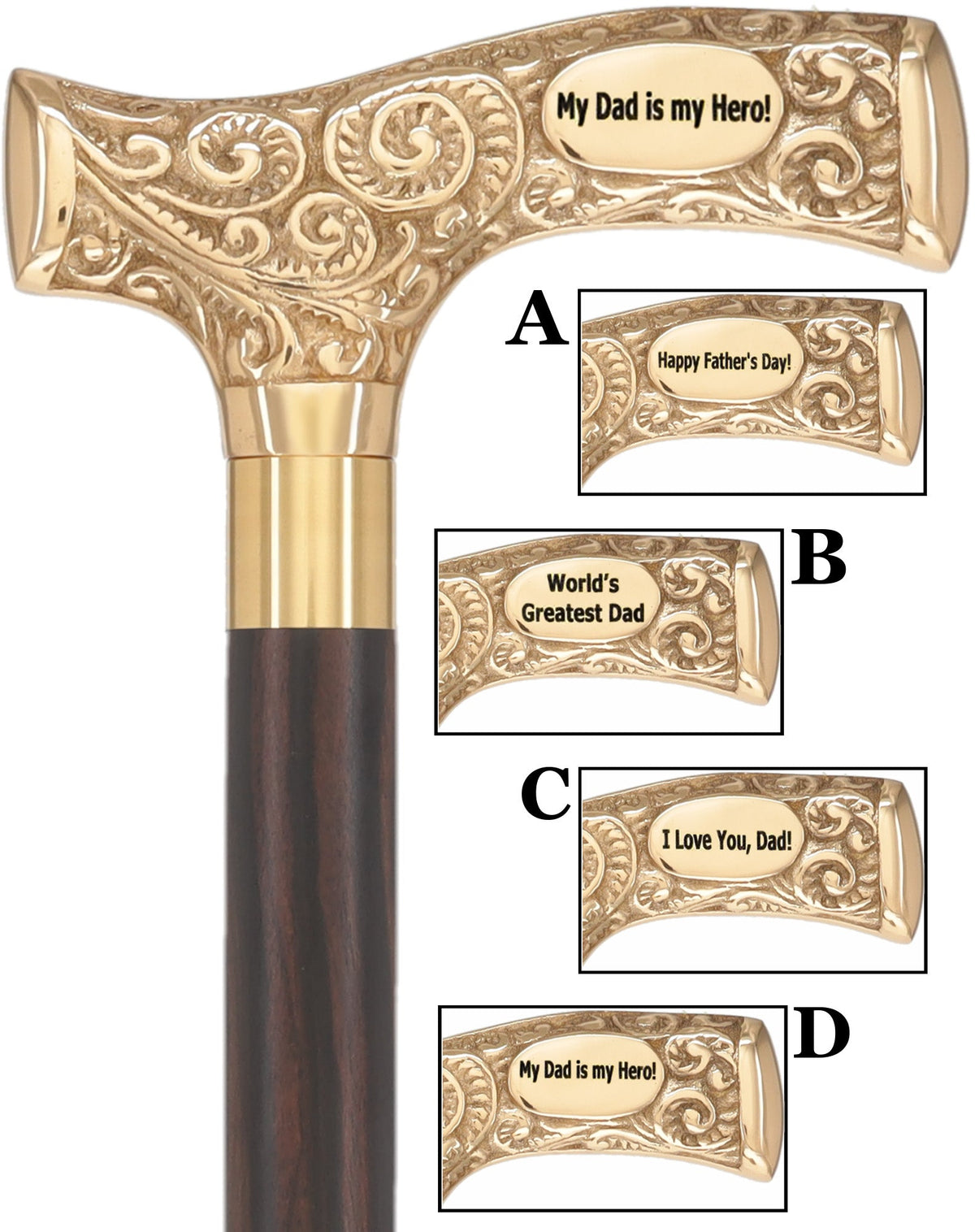 Father's Day Engraved Premium Brass Fritz Handle Walking Cane Genuine Ebony (+$170.00) Walking Cane Engraving - Tophatter Daily Deals