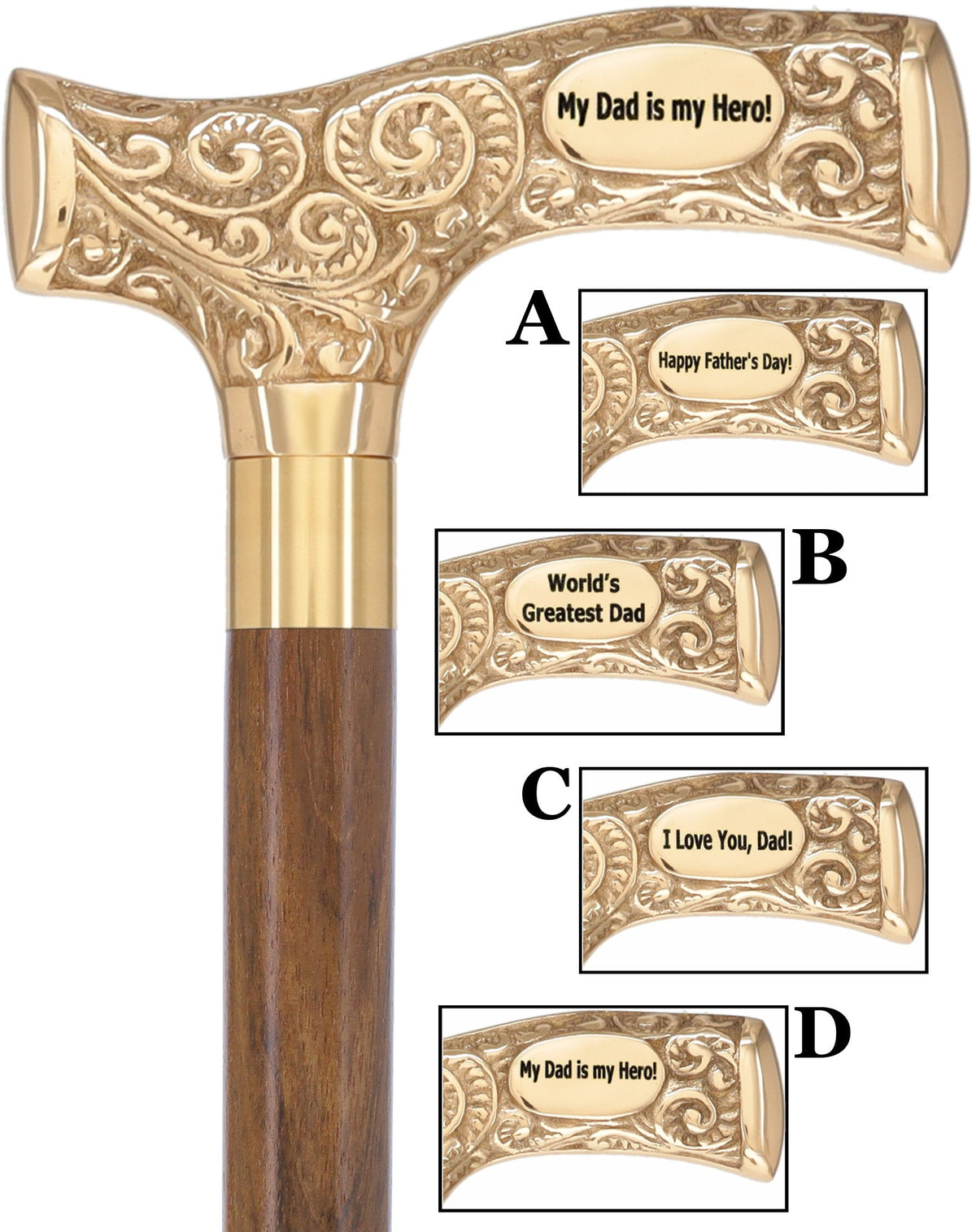Father's Day Engraved Premium Brass Fritz Handle Walking Cane Genuine Ovangkol (+$19.00) Walking Cane Engraving - Tophatter Daily Deals