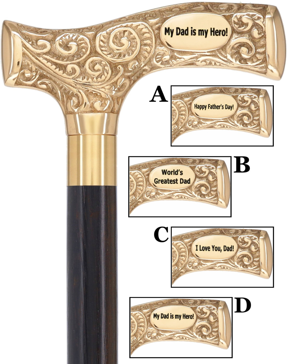 Father's Day Engraved Premium Brass Fritz Handle Walking Cane Genuine Wenge (+$28.00) Walking Cane Engraving - Tophatter Daily Deals