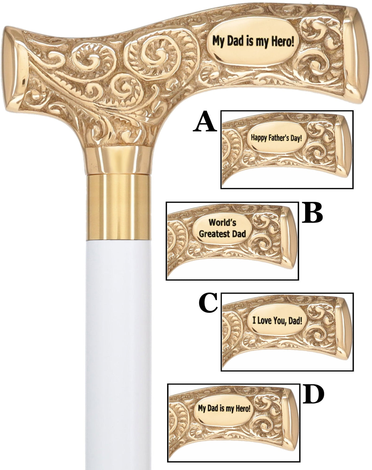 Father's Day Engraved Premium Brass Fritz Handle Walking Cane White Beechwood Walking Cane Engraving - Tophatter Daily Deals