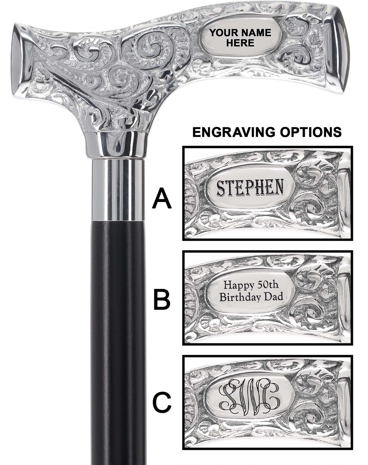 Make It Yours: Premium Chrome Cane w/ Personalized Engraving Walking Cane Engraving - Tophatter Daily Deals