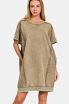 Zenana Washed Exposed Seam Mini Tee Dress MOCHA Casual Dresses - Tophatter Daily Deals