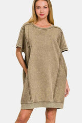 Zenana Washed Exposed Seam Mini Tee Dress MOCHA Casual Dresses - Tophatter Daily Deals
