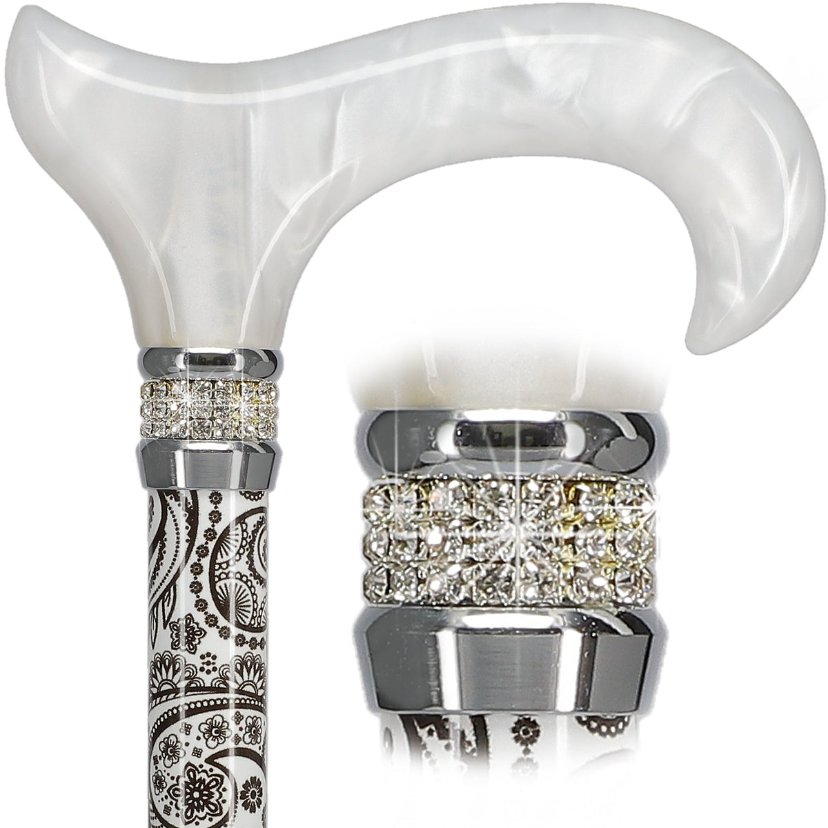 Black & White Swirl Pearlz Rhinestone Orthopedic Derby Cane Pearl Swirl Lucite Designer Walking Canes - Tophatter Daily Deals