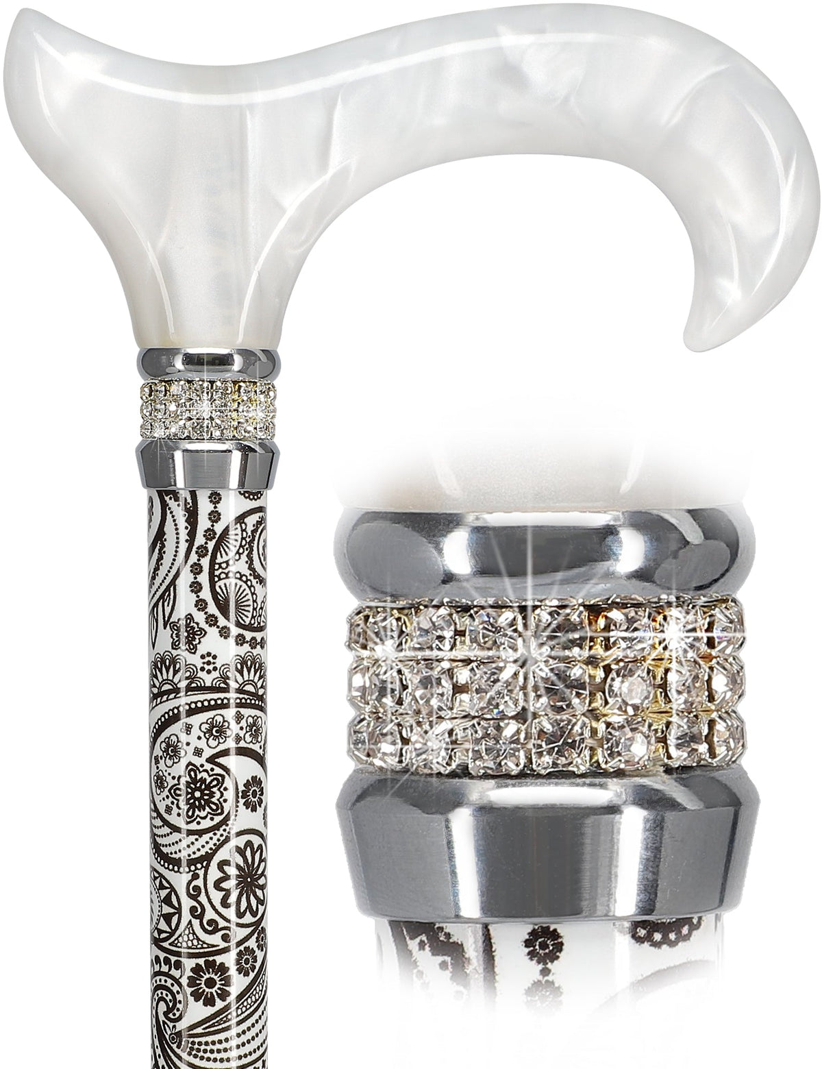 Black & White Swirl Pearlz Rhinestone Orthopedic Derby Cane Pearl Swirl Lucite Designer Walking Canes - Tophatter Daily Deals