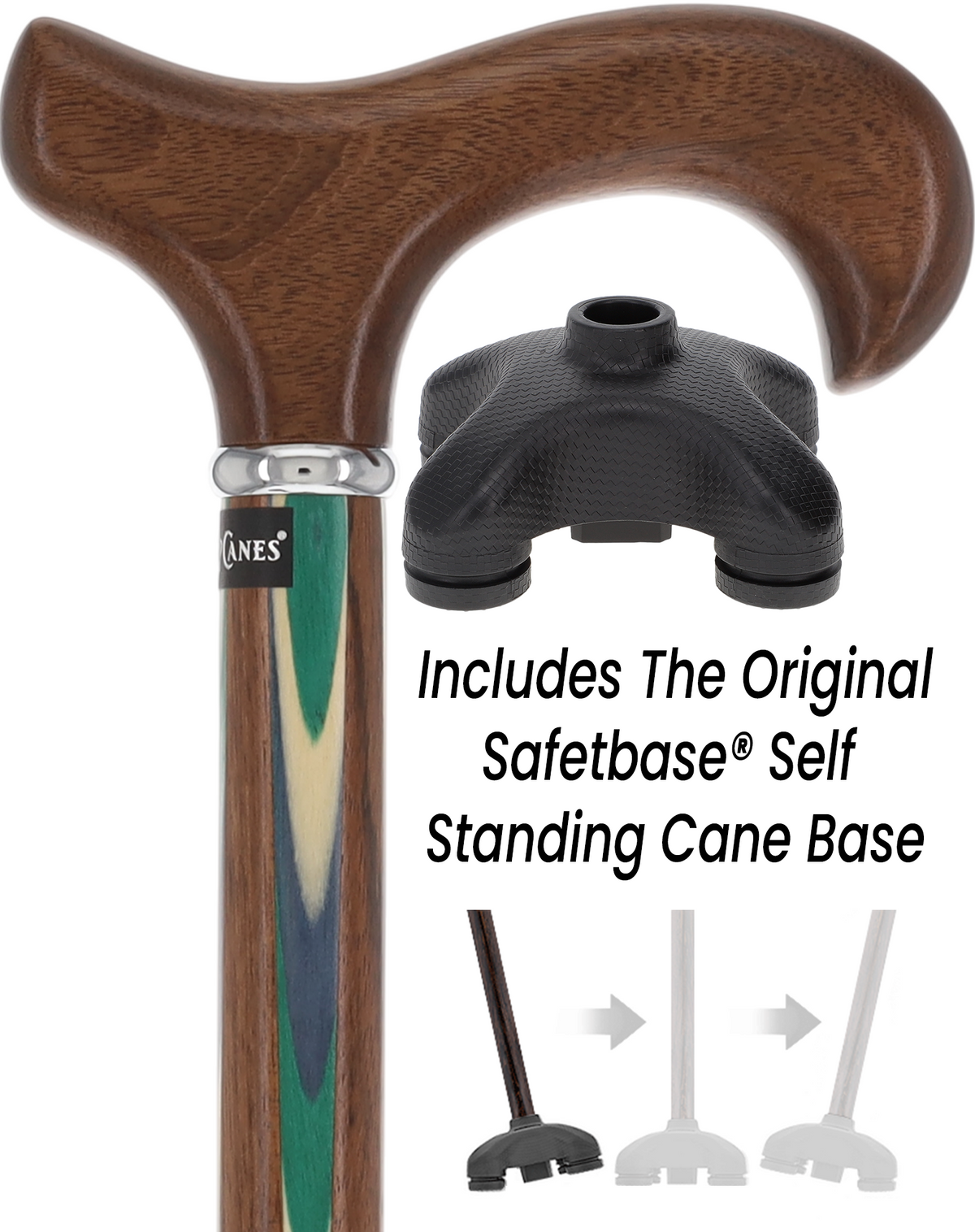 Green & Blue Inlaid Derby Walking Cane With Ovangkol Shaft and Silver Collar w/ SafeTbase Safetbase Canes - Tophatter Daily Deals