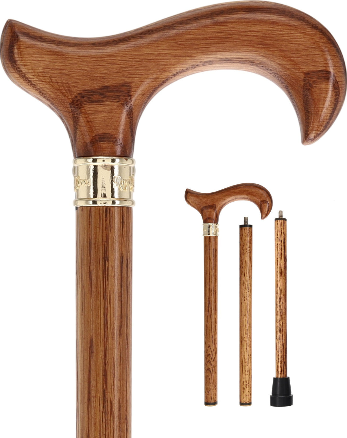 Luxury Oak Derby Cane - 3 Piece & Brass Embossed Collar Folding Canes - Tophatter Daily Deals