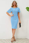 Slit Round Neck Flutter Sleeve Dress Pastel Blue Cocktail Dresses - Tophatter Daily Deals