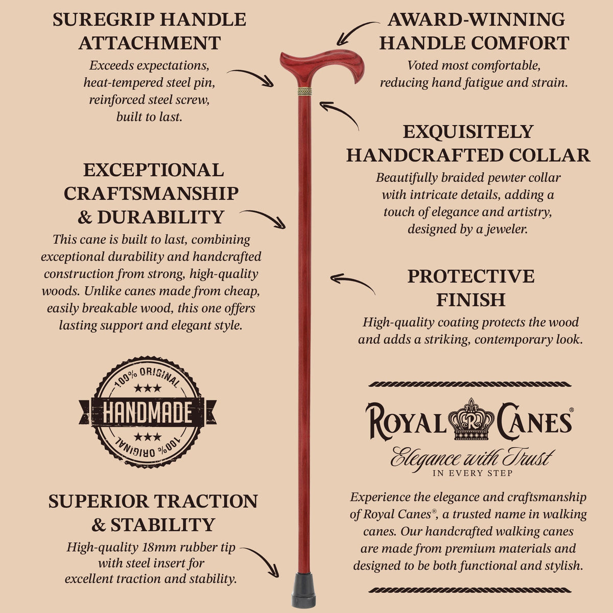 Striking Mahogany Red Derby Cane: Premium Natural Ash Wood w/ Pewter Collar Derby Classic Walking Canes - Tophatter Daily Deals