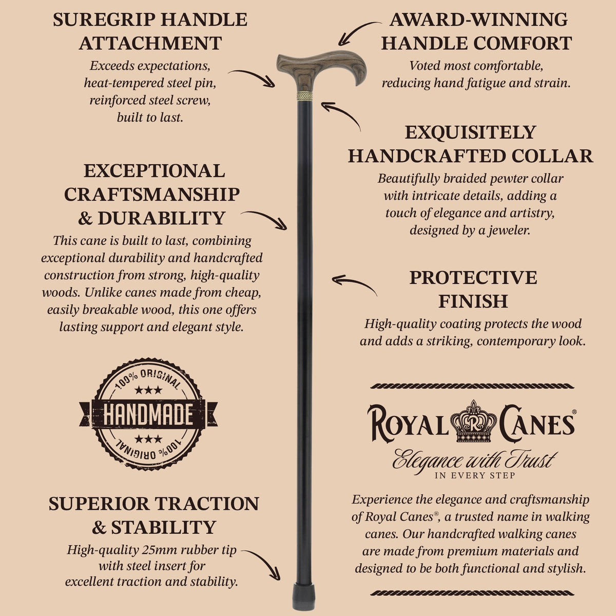 Royal Canes Super Strong Heavy Duty Walking Cane, Classic Derby Handle, 42.5 inch, Large Grip, Multiple Colors Derby Classic Walking Canes - Tophatter Daily Deals