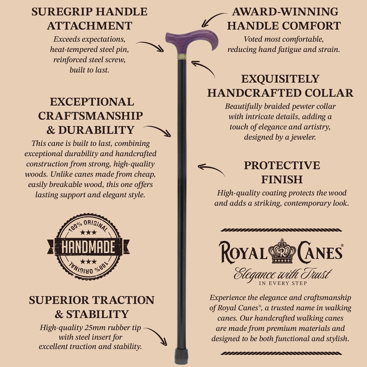 Royal Canes Classic Derby Walking Cane, Wood-Stained, Pewter Collar, Multiple Colors Derby Classic Walking Canes - Tophatter Daily Deals