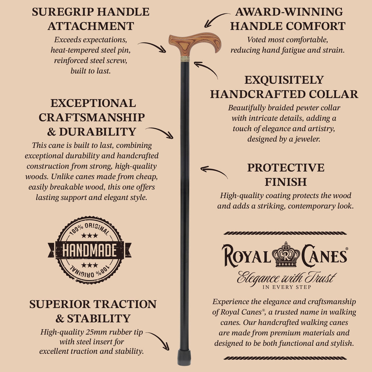 Royal Canes Classic Derby Walking Cane, Wood-Stained, Pewter Collar, Multiple Colors Derby Classic Walking Canes - Tophatter Daily Deals