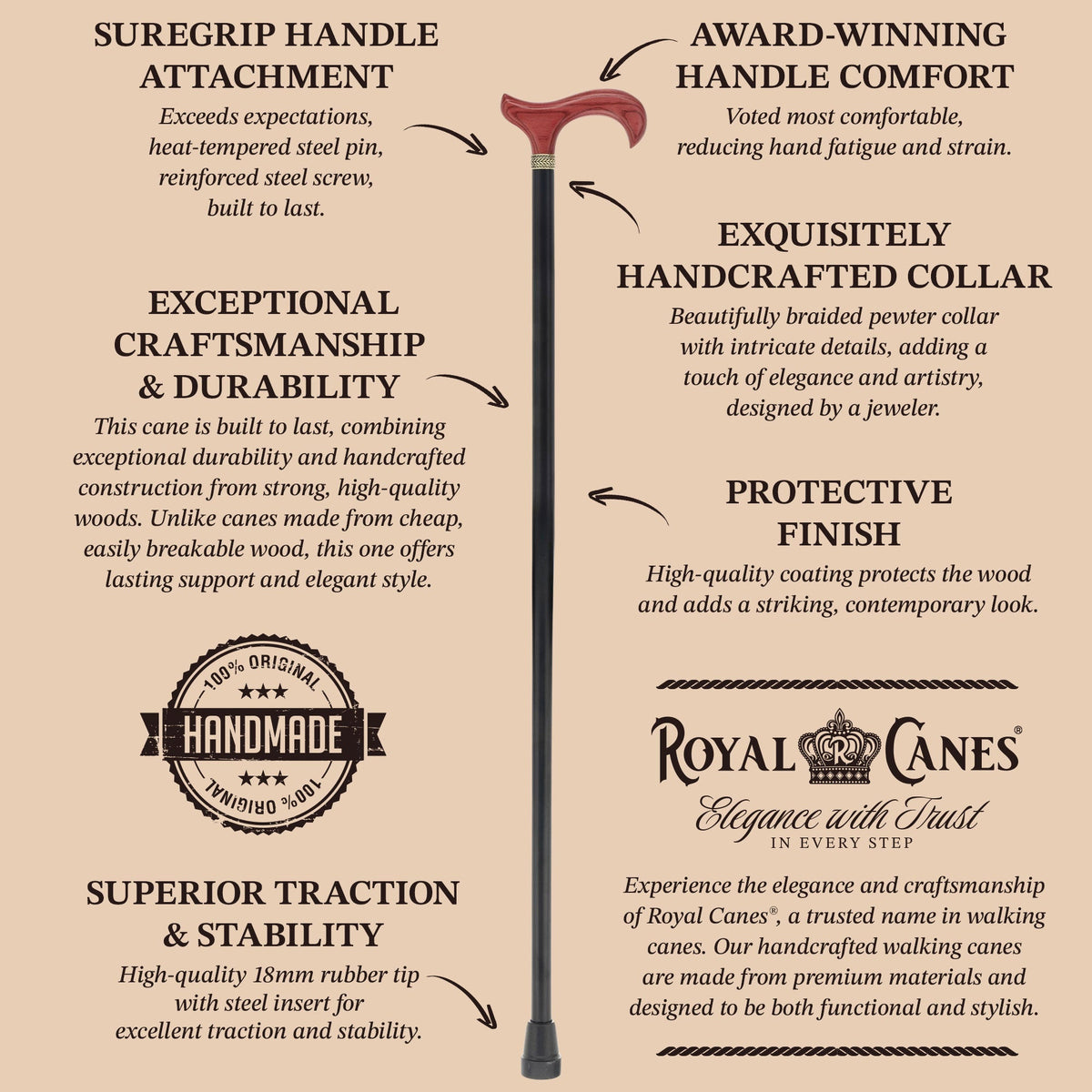 Royal Canes Classic Derby Walking Cane, Wood-Stained, Pewter Collar, Multiple Colors Derby Classic Walking Canes - Tophatter Daily Deals