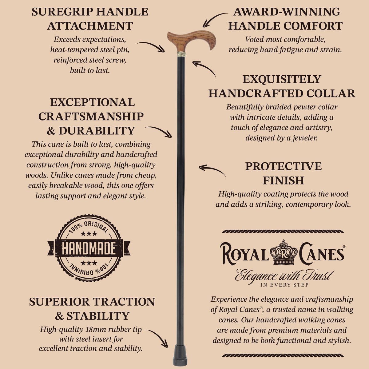 Derby Handle - Standard Size (Expresso Brown, Black, Pewter Collar) Derby Classic Walking Canes - Tophatter Daily Deals