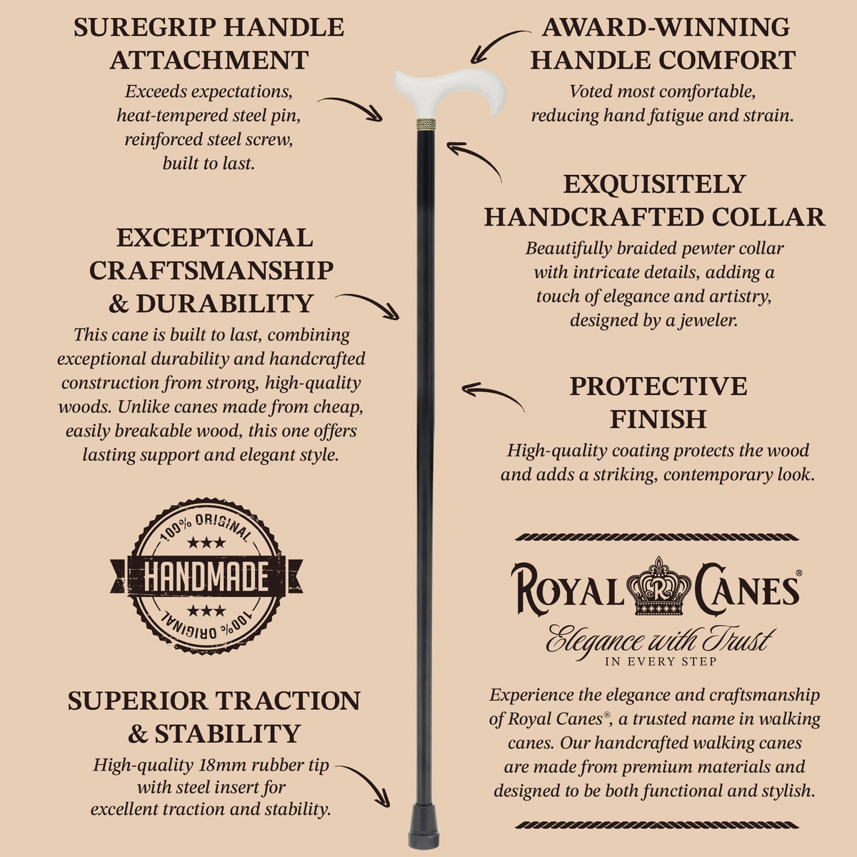 Royal Canes Classic Derby Walking Cane, Wood-Stained, Pewter Collar, Multiple Colors Derby Classic Walking Canes - Tophatter Daily Deals