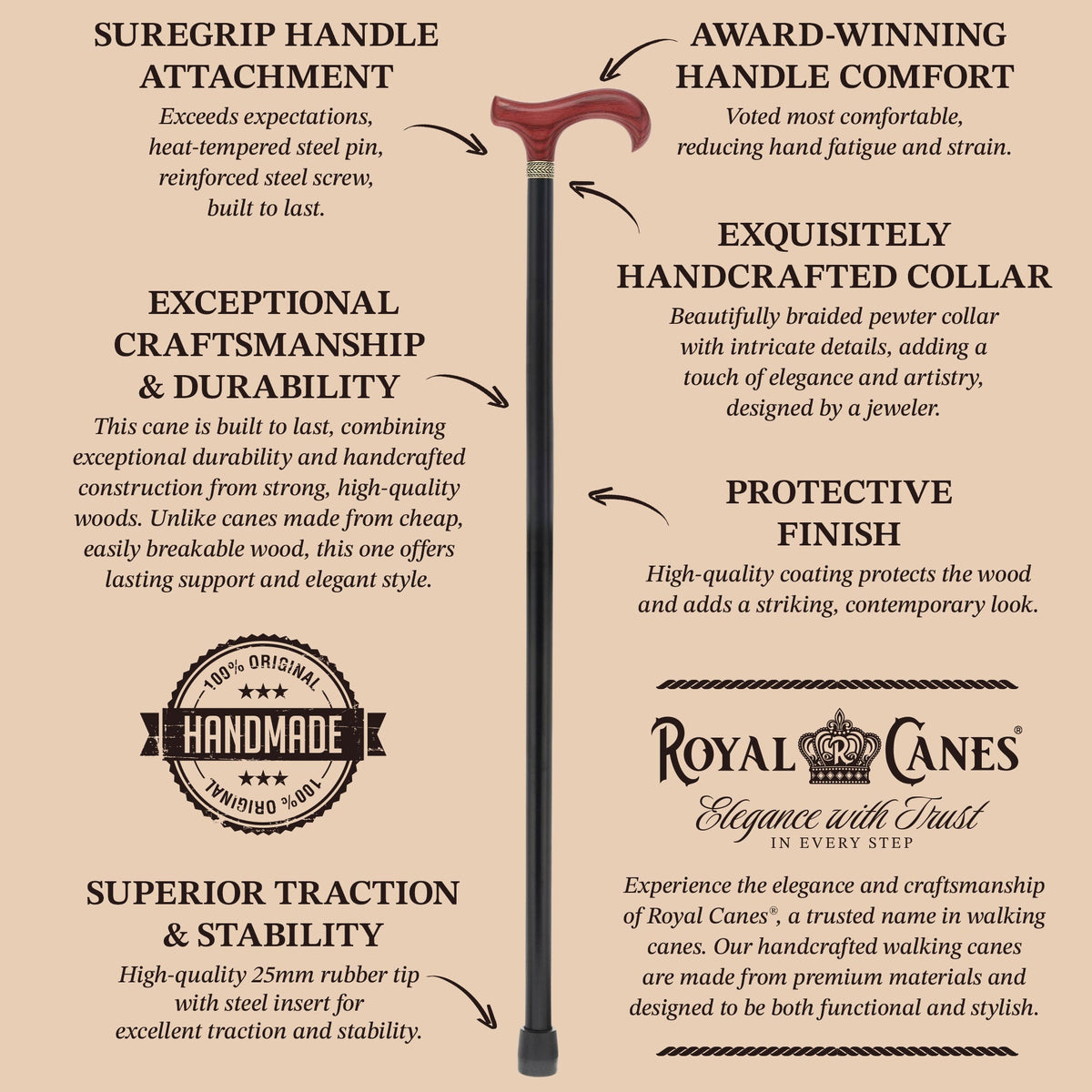 Royal Canes Classic Derby Walking Cane, Wood-Stained, Pewter Collar, Multiple Colors Derby Classic Walking Canes - Tophatter Daily Deals