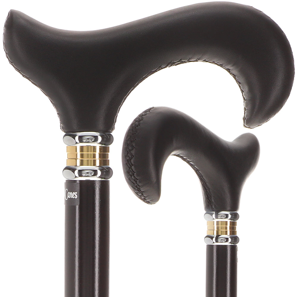 Soft Genuine Leather Grip Derby Cane: Sleek Black Beechwood Shaft Leather Handle Walking Cane - Tophatter Daily Deals