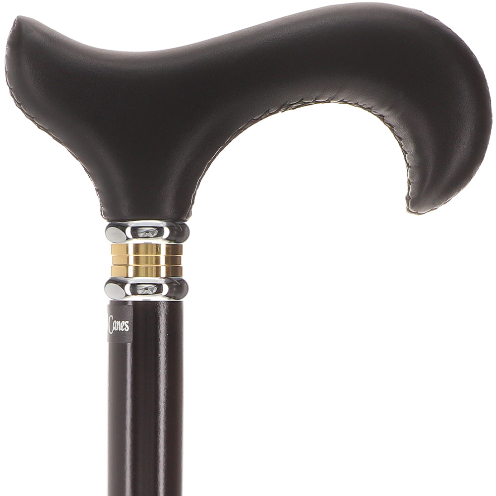 Soft Genuine Leather Grip Derby Cane: Sleek Black Beechwood Shaft Leather Handle Walking Cane - Tophatter Daily Deals