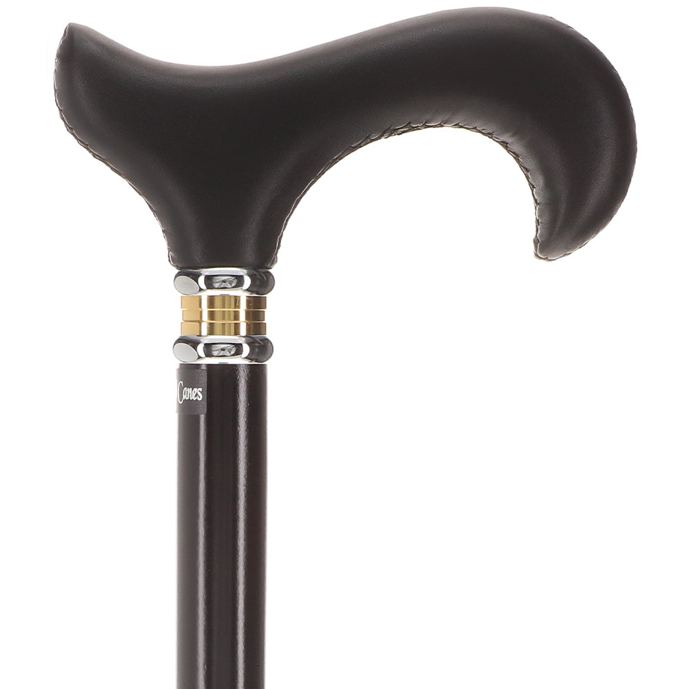 Soft Genuine Leather Grip Derby Cane: Sleek Black Beechwood Shaft Leather Handle Walking Cane - Tophatter Daily Deals