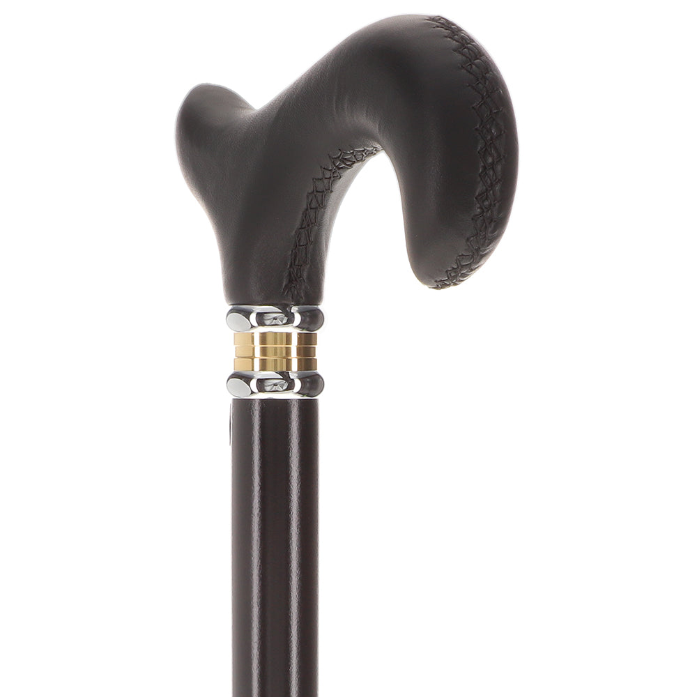 Soft Genuine Leather Grip Derby Cane: Sleek Black Beechwood Shaft Leather Handle Walking Cane - Tophatter Daily Deals